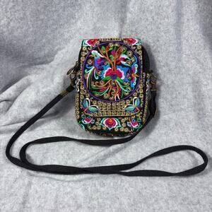 Silkarea Embroidered Black Multicolor Mini Cross Body Purse Detachable Strap